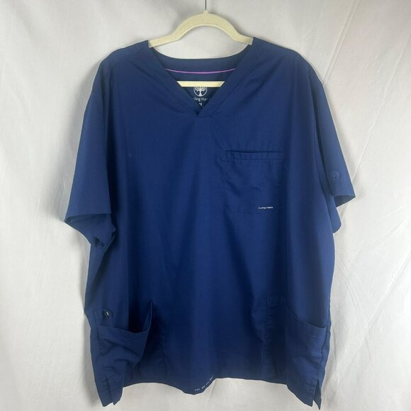 HH Works Healing Hands Scrub Shirt Men 2X Navy Blue Style 2331 Jake Short Sleeve - Picture 2 of 9